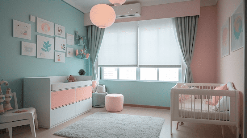An elegant pastel green and pink-themed baby room