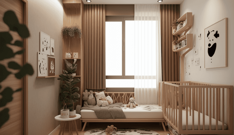 Beige and wooden baby room design