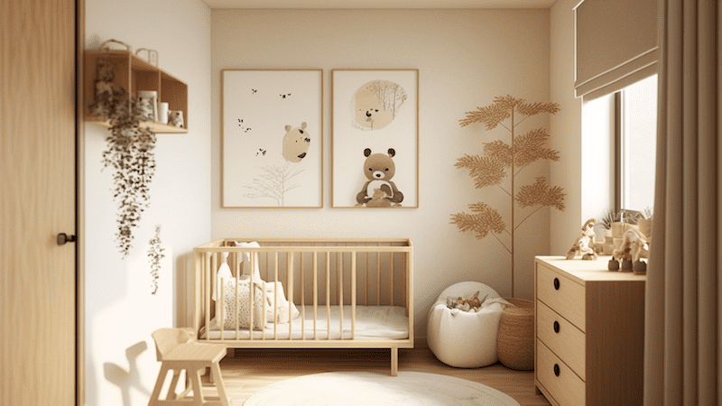 Beige and wooden minimalistic baby room design
