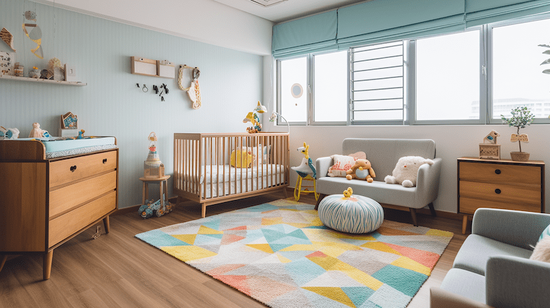 Playful nursery room with a big space