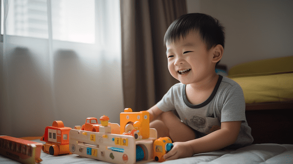 a boy smiling and playing with toys