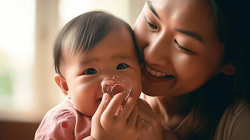 A close-up of a Singaporean mum holding her baby with a pacifier