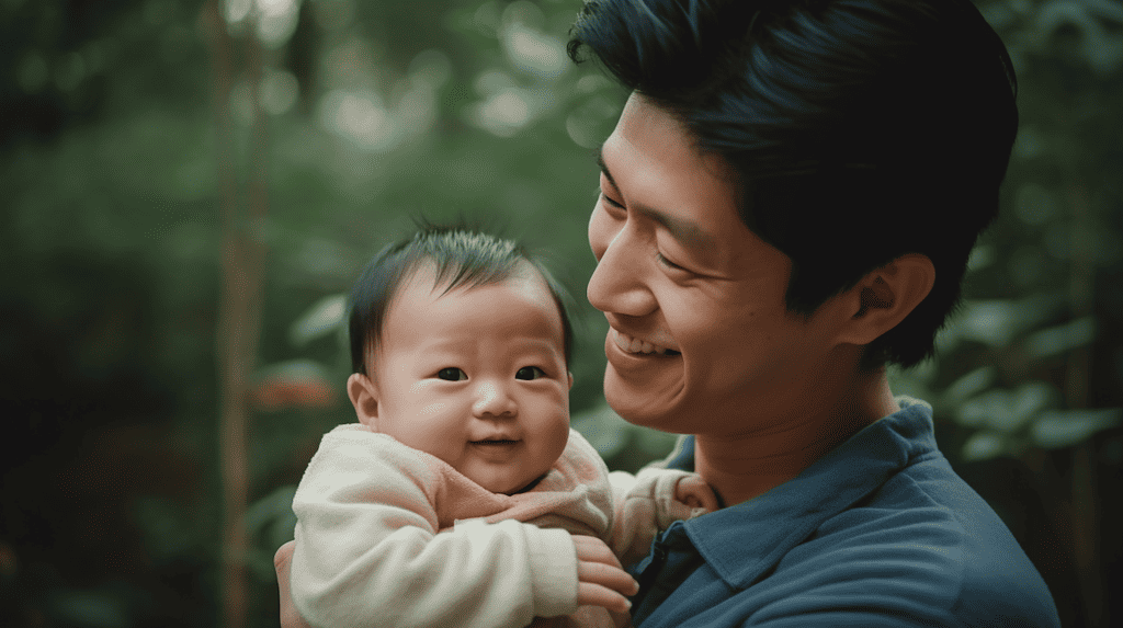 A first time father with his baby in arms in the garden