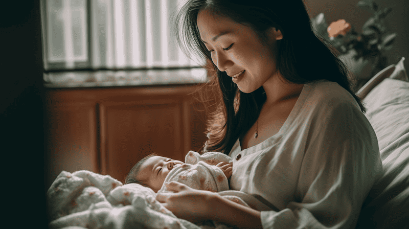 A happy mother with newborn at home