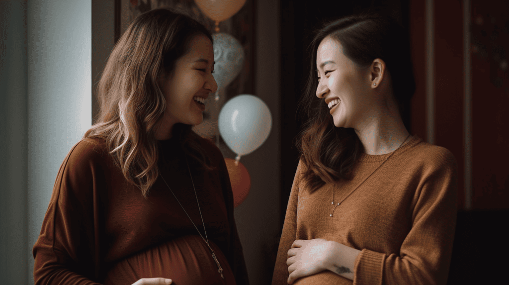 two pregnant friends wishing each other