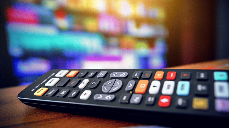 A close-up of a TV remote and TV guide in background