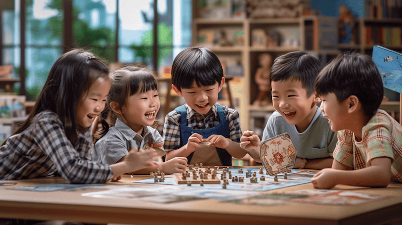 A group of children playing board games