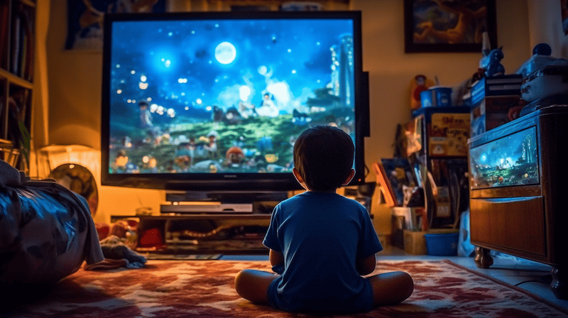 Child sitting in front of TV watching cartoon