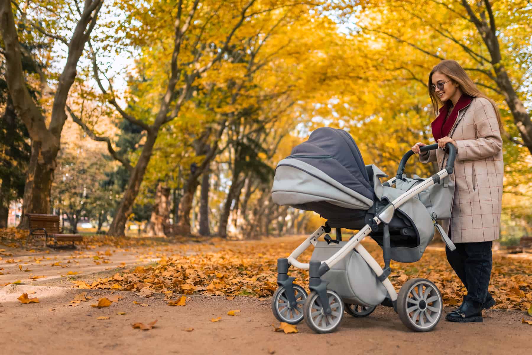 Stylish mom with stroller in autumn park