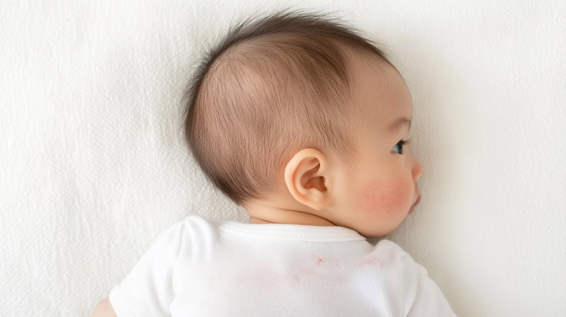 Infant lying down with heat rash visible on his cheek