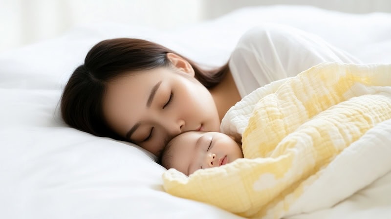 A woman is sleeping next to a baby who is wrapped in a yellow blanket. Both are lying on a white bed, where the gentle hum of air conditioning keeps the room comfortable.