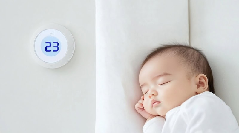 A baby peacefully sleeps on a white bed next to a digital thermostat displaying 23 degrees, as the air conditioning ensures the perfect temperature for comfort.