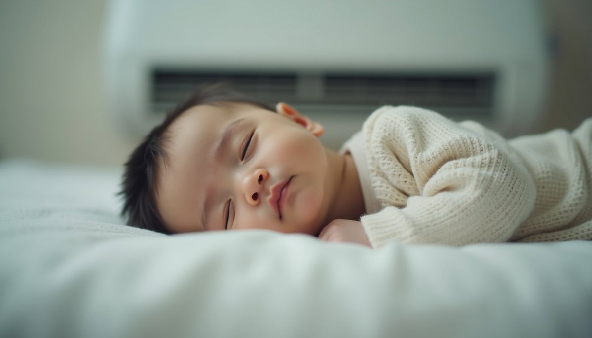 A baby wearing a white knit sweater sleeps peacefully on a white bed, undisturbed by the gentle hum of the air conditioning.