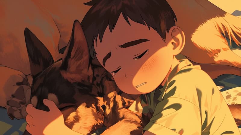 A young boy with closed eyes gently hugging a dog while resting. Both appear peaceful and comforting each other.