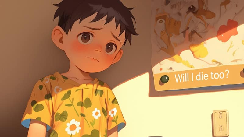 A child with a concerned expression stands near a wall, wearing a yellow shirt with a flower print. A poster behind them has the text "Will I die too?.