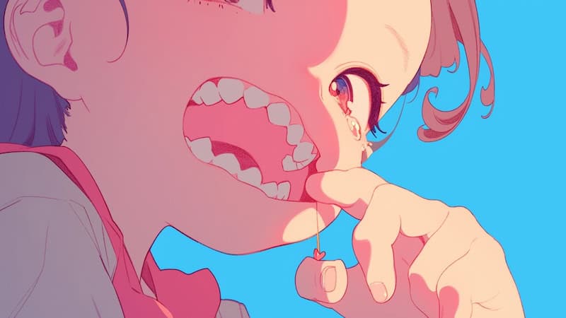 A stylized illustration of a girl holding her mouth open with one hand and crying, showing her teeth and tongue. Her other hand is near her mouth with a string caught on a tooth.