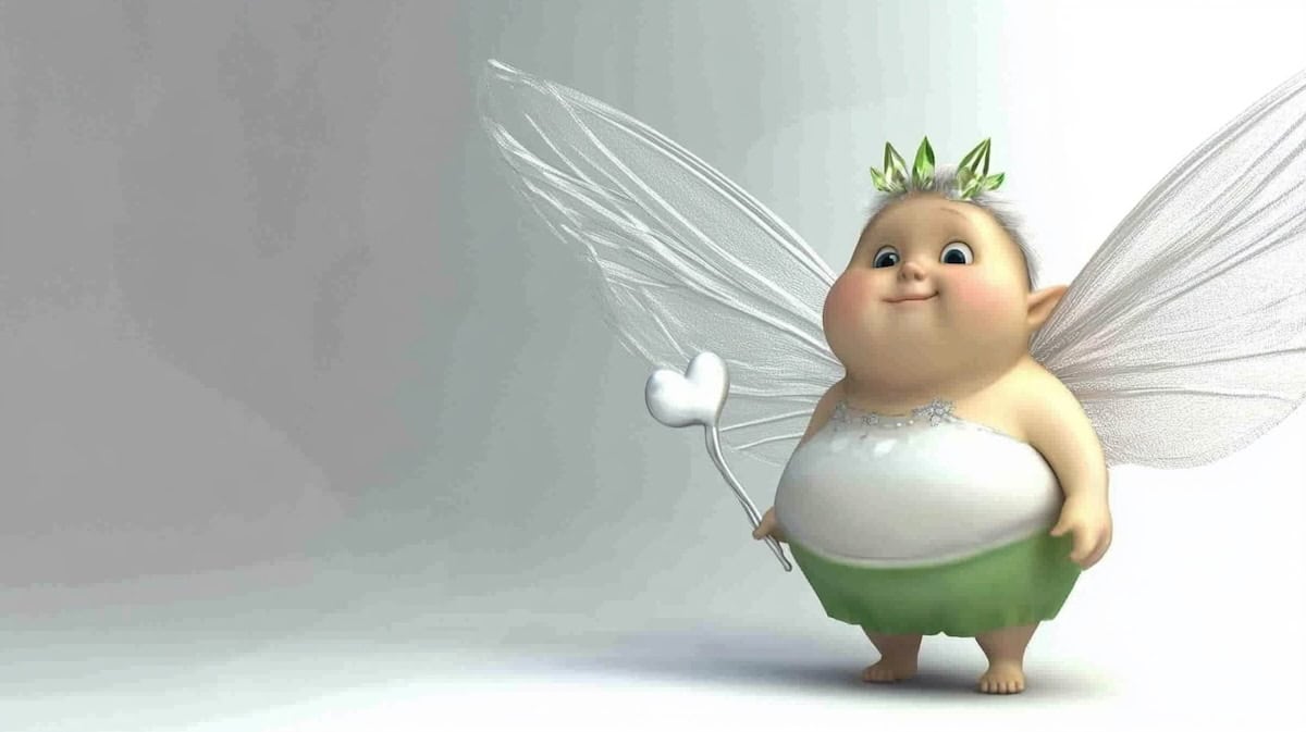 A chubby, animated fairy in a green skirt with delicate wings, holding a heart-topped wand, stands against a simple background.