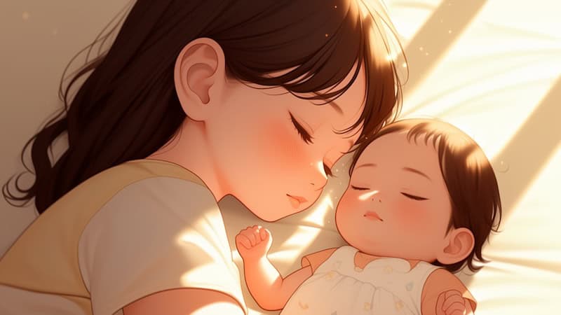 An animated image of a woman and an infant sleeping peacefully on a bed with soft sunlight filtering in, capturing the serene beauty of baby sleep patterns.