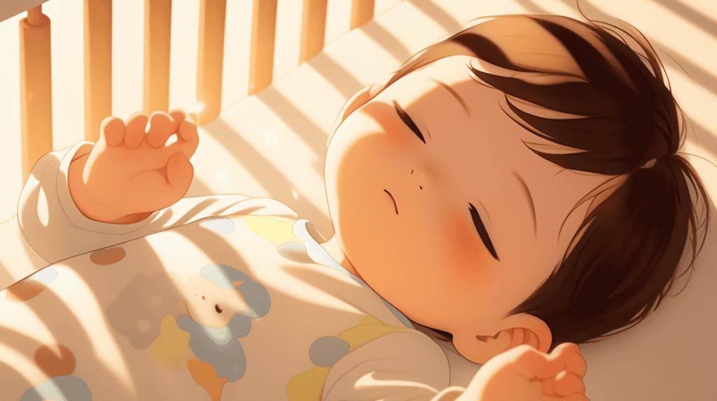 A baby with short dark hair, dressed in light-colored pajamas, is sleeping peacefully in a crib bathed in natural sunlight, showcasing a serene baby sleep pattern.