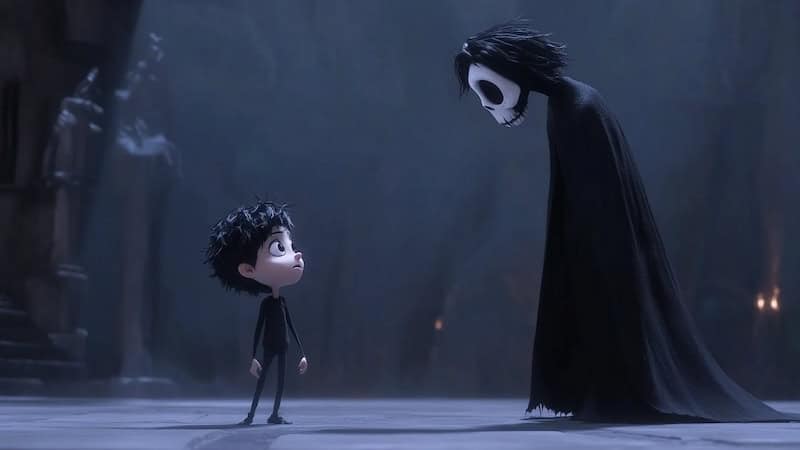 A small boy with messy black hair stands facing a tall, skeletal figure with a white skull face and black cloak in a dim, eerie setting.