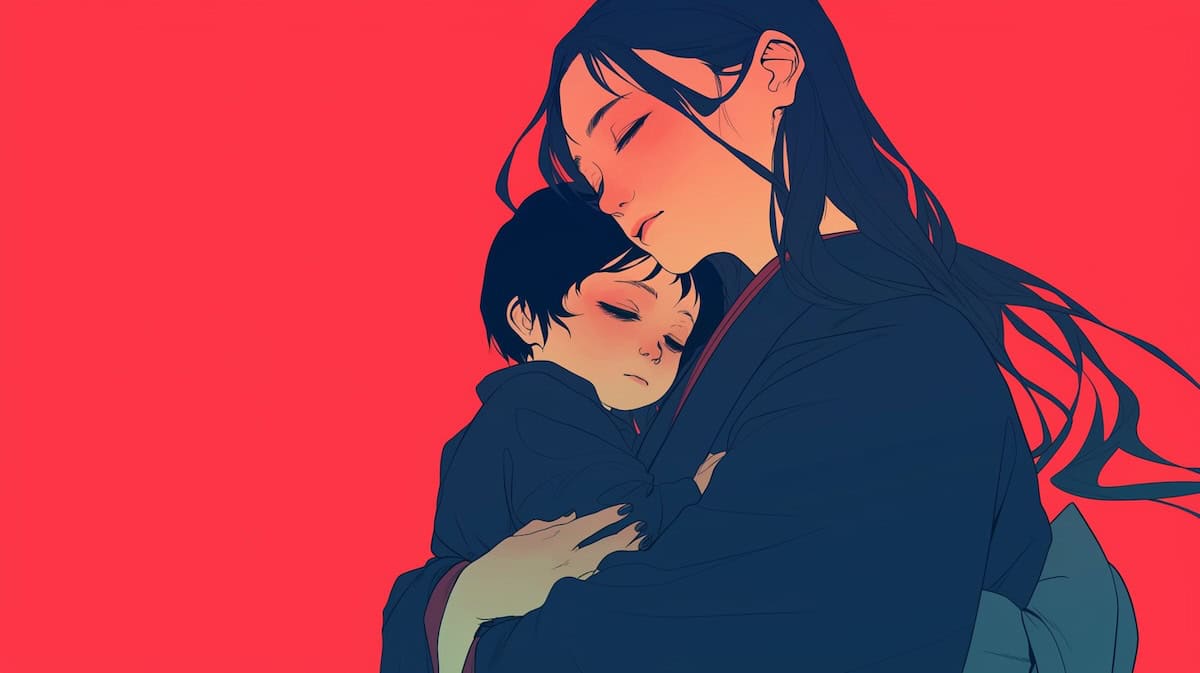 A woman with long dark hair is hugging a young child against a bright red background, both with their eyes closed.