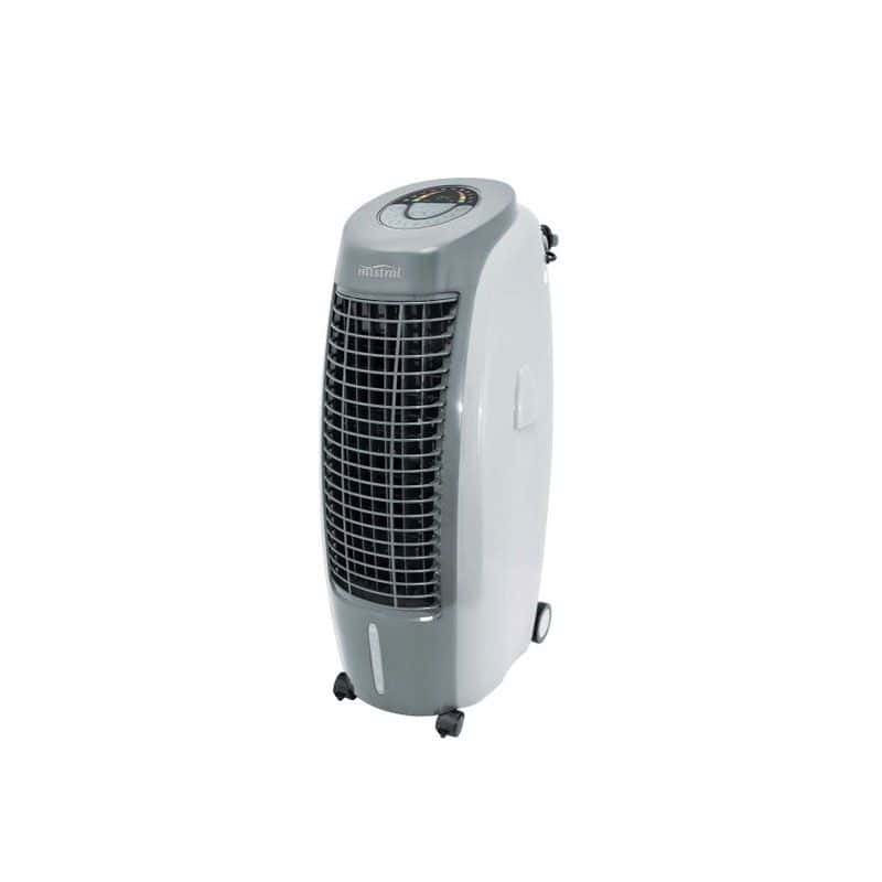 A portable gray air cooler with a black front grille, control panel on top, and wheeled base—ideal for providing efficient air conditioning without affecting the comfort of babies.