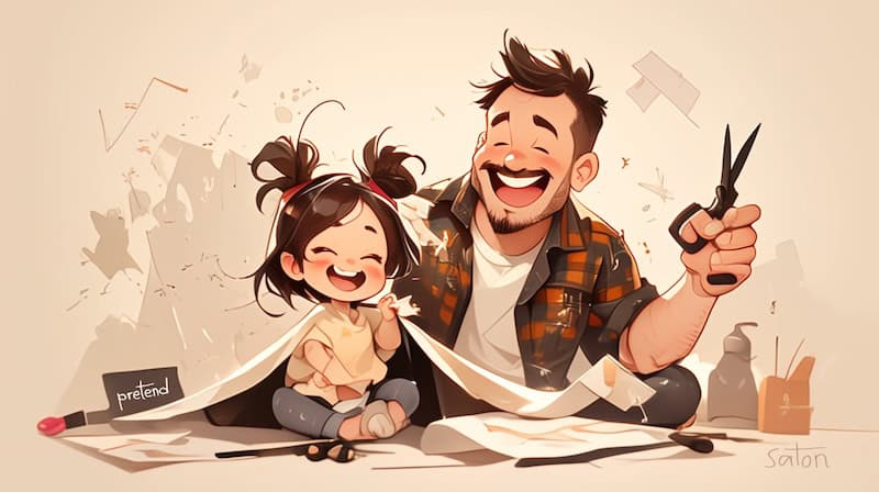 Cartoon of a man and a girl smiling while using scissors and paper. The man is holding scissors and a piece of cut paper over the girl, who is sitting on the floor laughing. Art supplies surround them, creating a fun atmosphere to prepare your toddler for their first haircut.