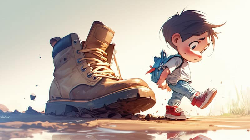 A small child with a backpack and colorful toddler shoes walks beside a giant boot on a dirt path.