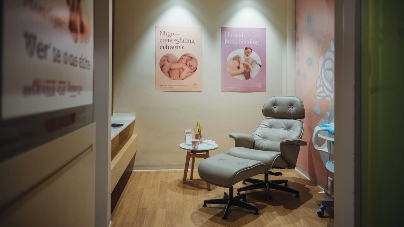 A cozy room with a cushioned chair, side table, and two posters on the wall. One poster features a baby and the other promotes breastfeeding. The room has wooden flooring and soft lighting.