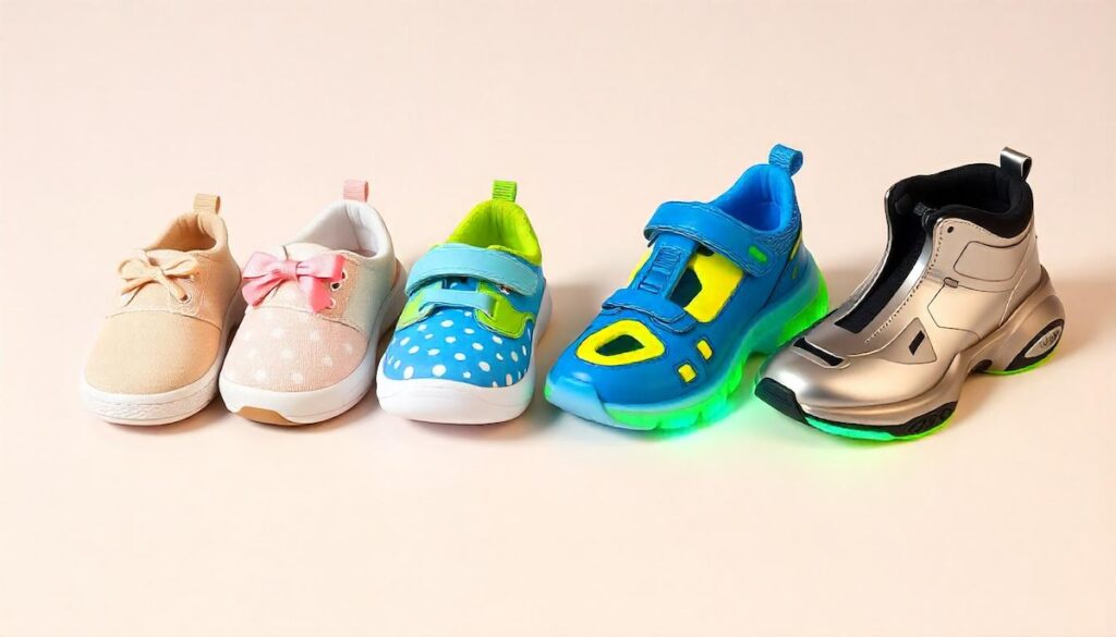 A selection of five colorful toddler shoes ranging from casual to sporty styles.