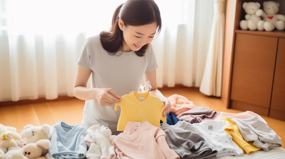 A mother packing baby's clothing