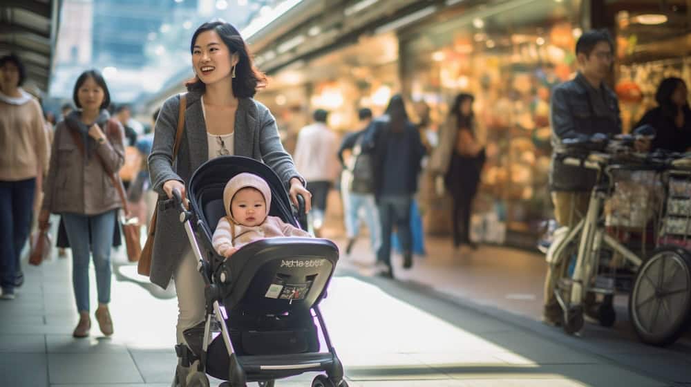 A woman pushes a baby in a stroller through a busy market street with shops and pedestrians