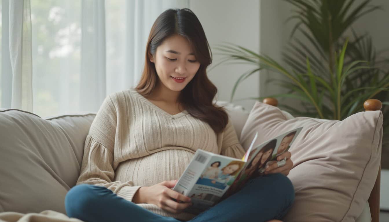 A pregnant woman sits on a sofa reading a magazine