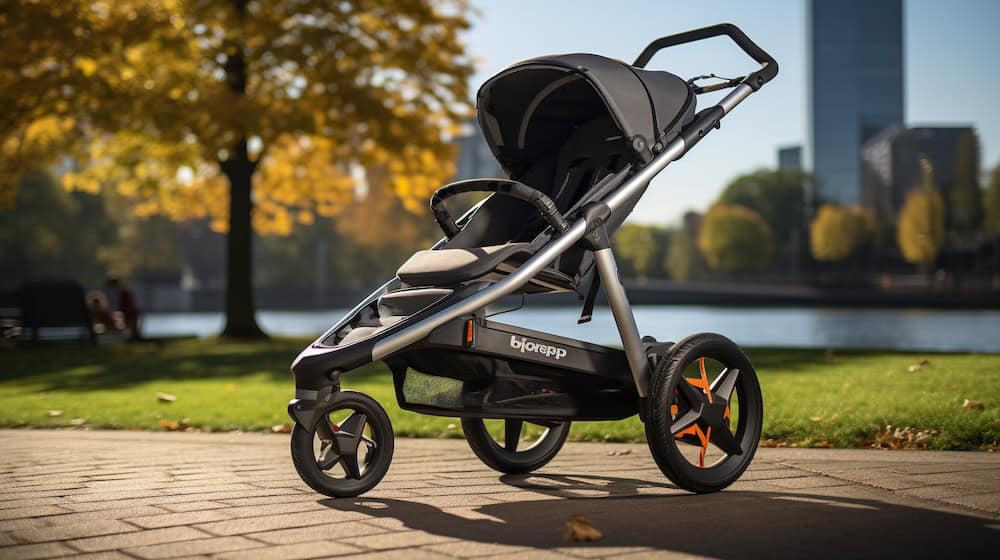 Black and gray jogging stroller with orange accents on a park path