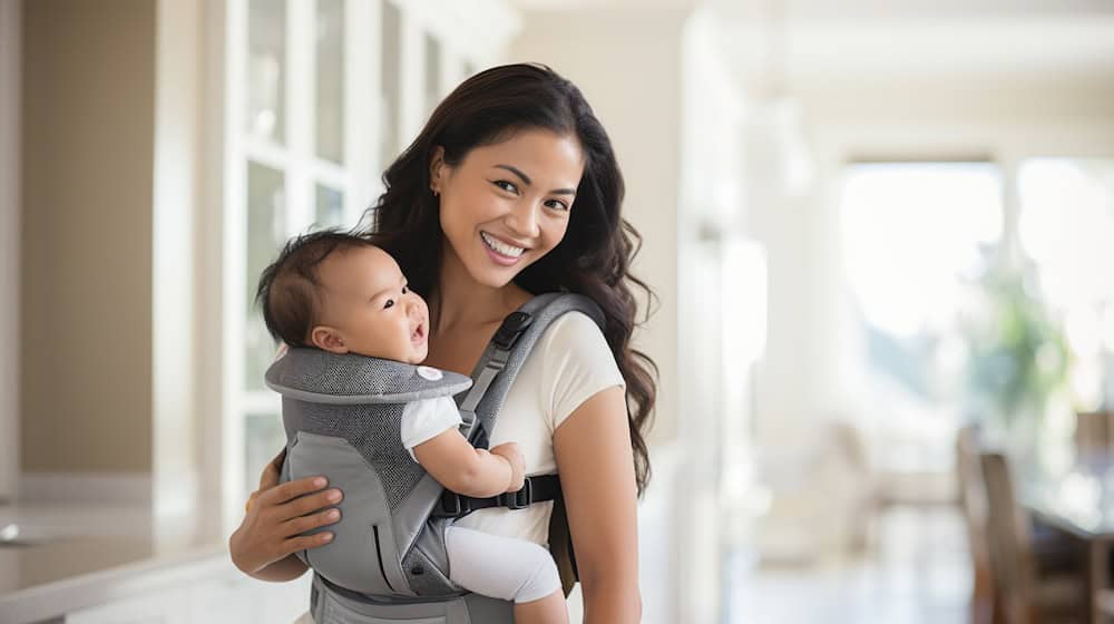 A mother smiling at the camera while carrying her baby.