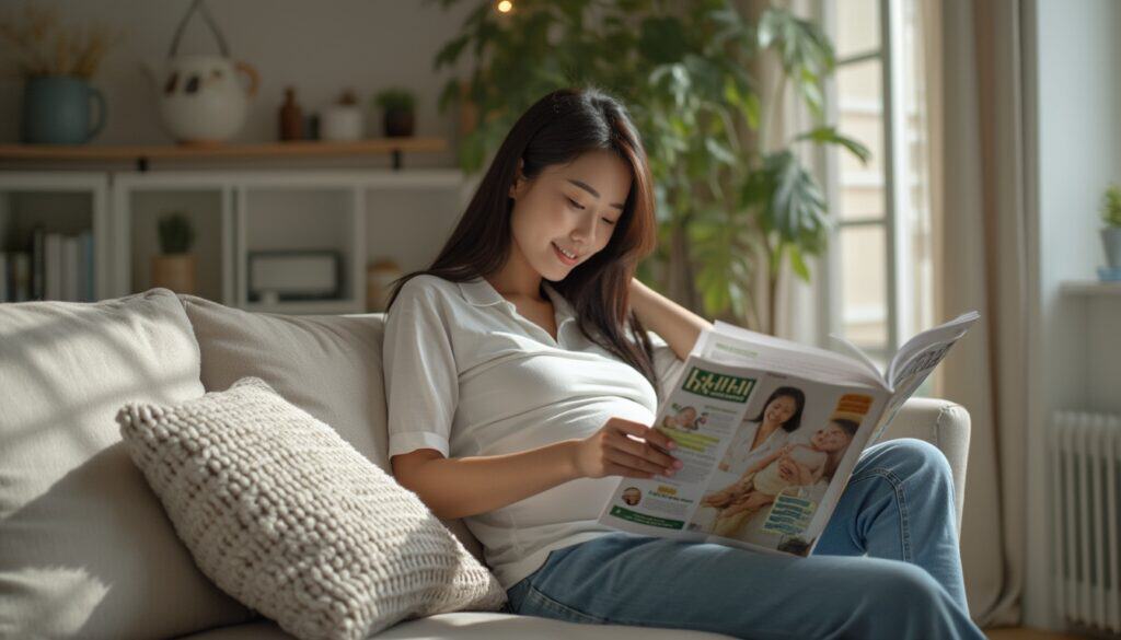 A pregnant woman reads a magazine while sitting on a sofa.