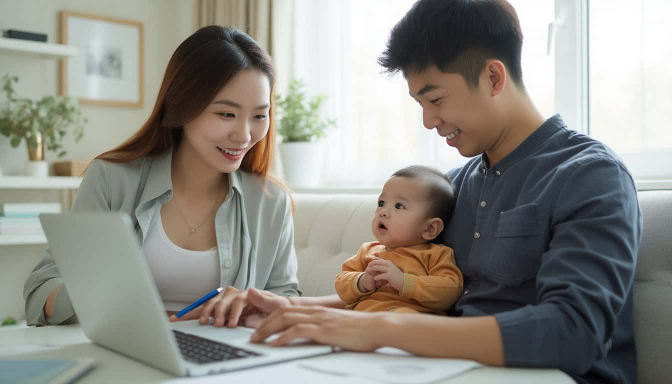 Asian parents working from home with baby