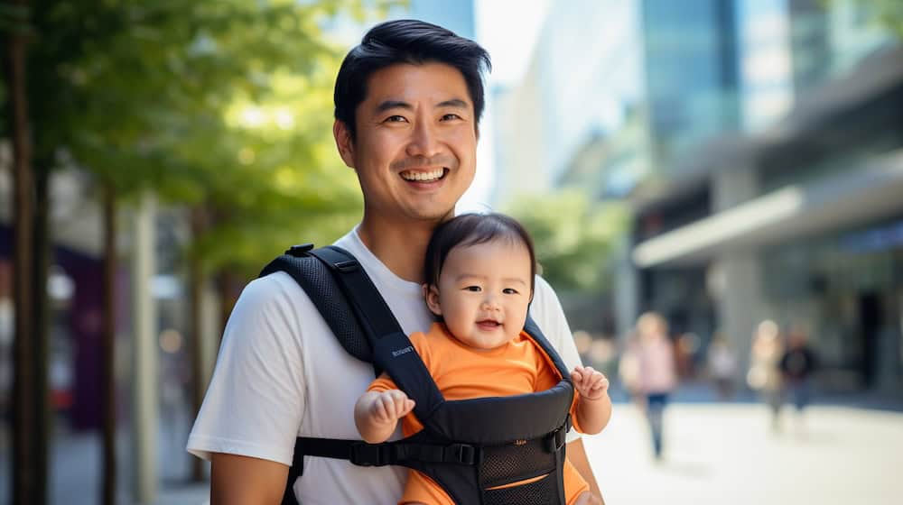 A dad smiles while carrying a baby in a black carrier in sunny outdoors