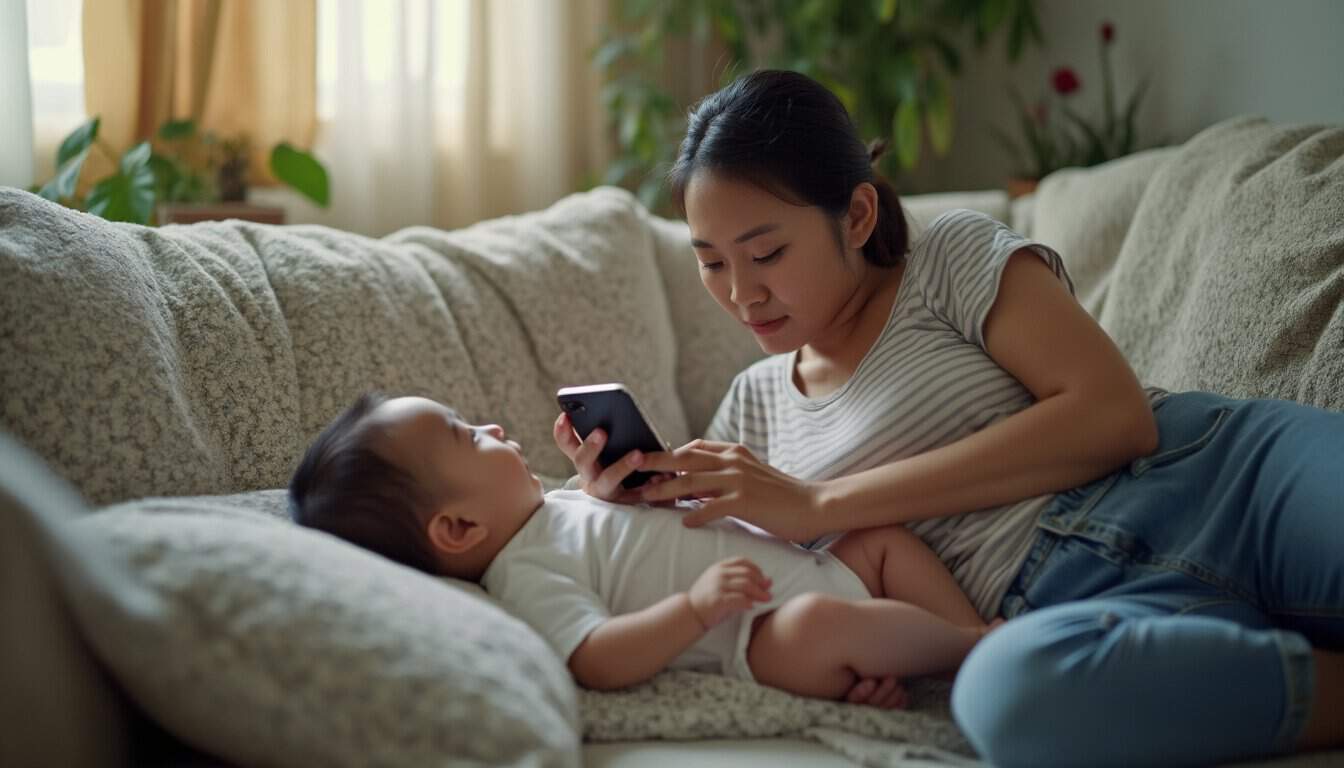 Domestic helper focusing on her phone instead of the child