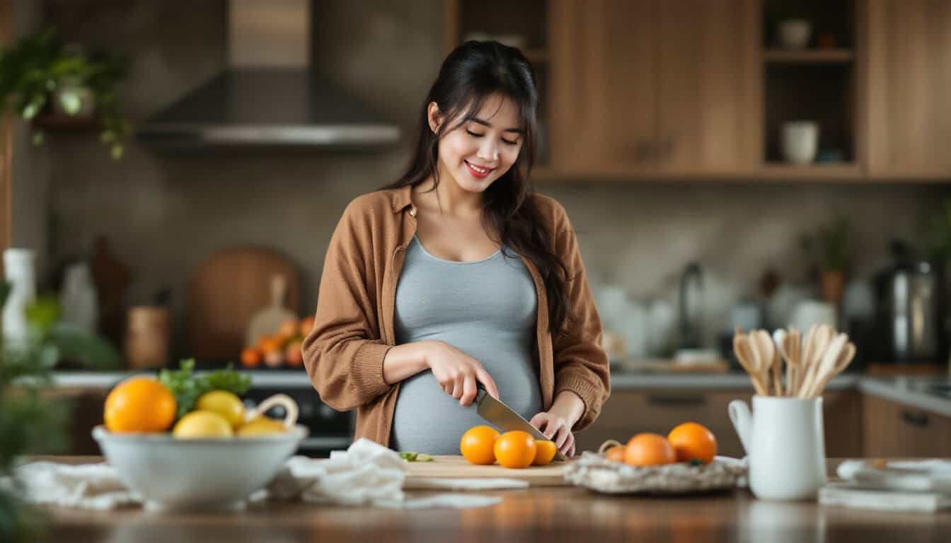 A pregnant woman cutting oranges in the kitchen