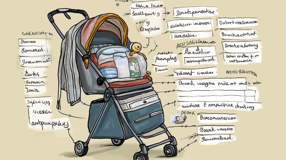 Illustrated stroller with various labeled items to bring on a trip.