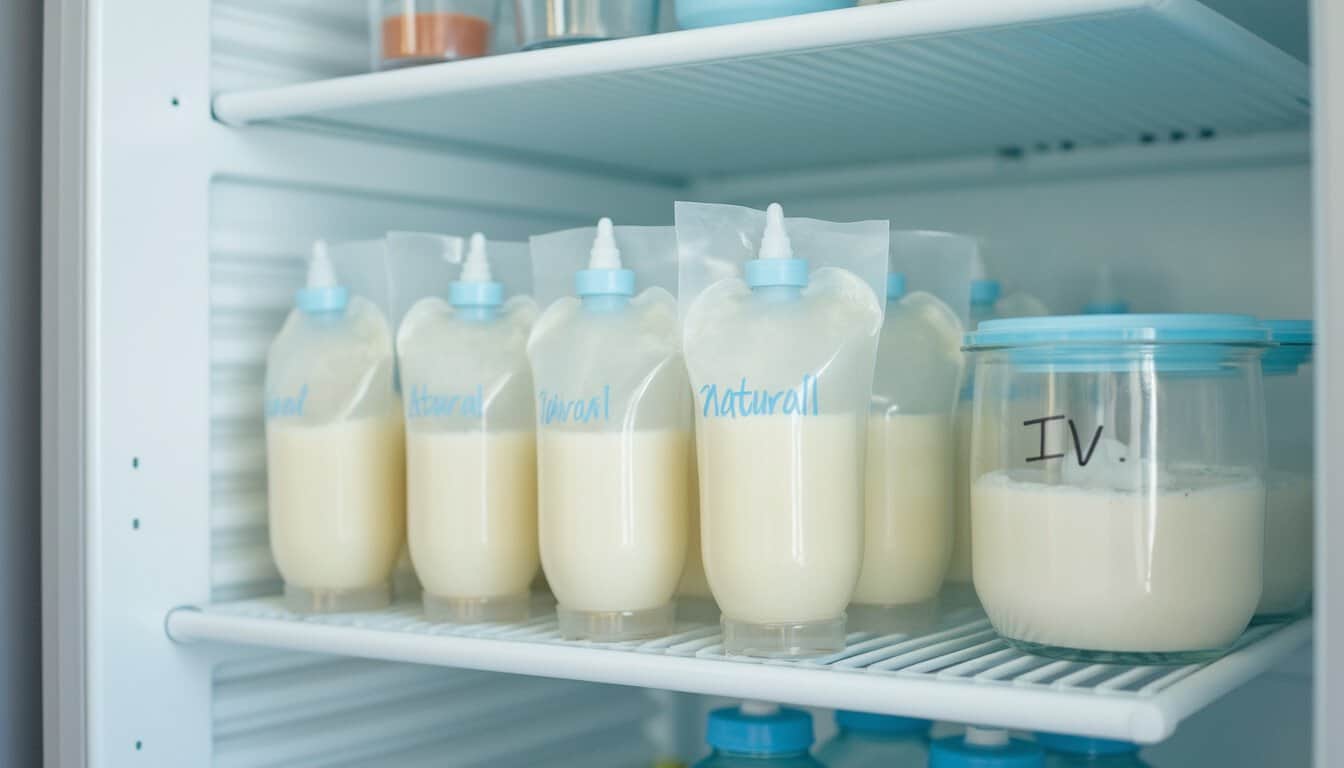 Plastic bags of frozen breast milk labeled "Natural" and a jar labeled "IV" are neatly stored on refrigerator shelves, ensuring optimal preservation and storage duration.