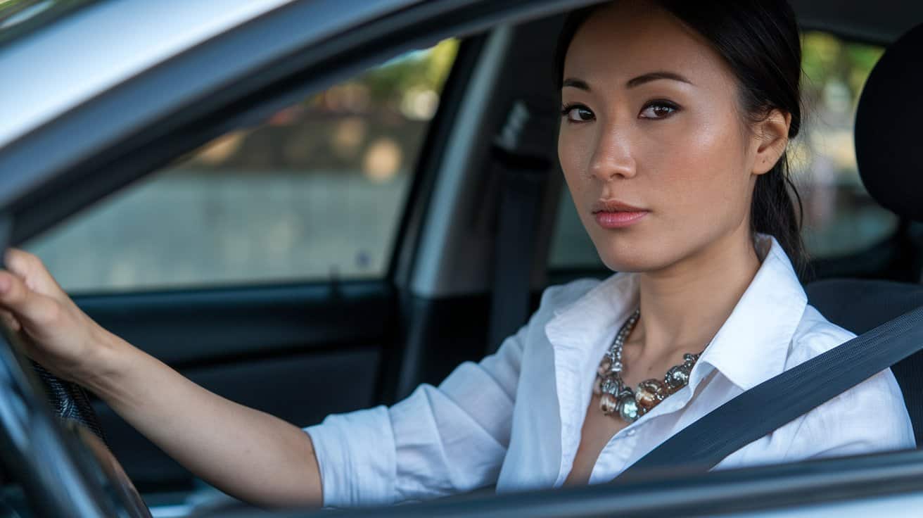 Person in a white shirt and necklace is seated in the driver's seat of a car, looking towards the camera.