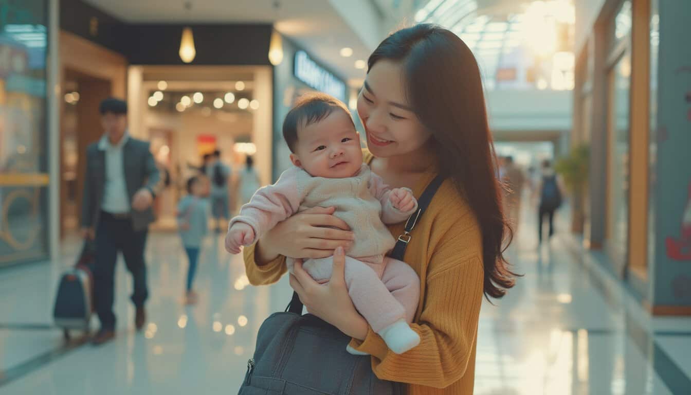 A woman smiles while holding a baby in a shopping mall.