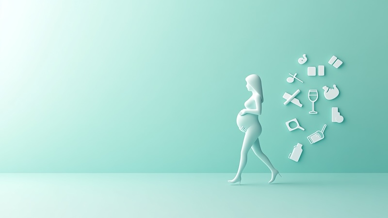 Silhouette of a pregnant woman walking, surrounded by symbols like a cigarette, wine glass, and medications—things to avoid after C-section—set against a teal background.