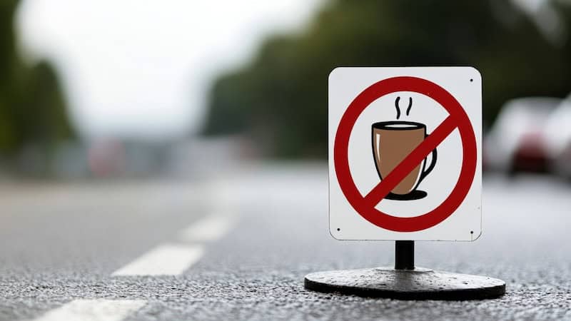 A prohibition sign featuring a crossed-out steaming coffee