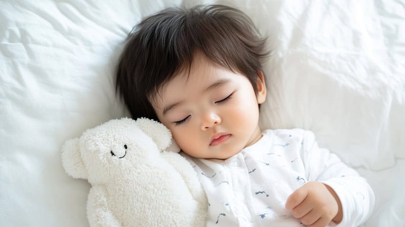 Baby fast asleep with his favourite toy