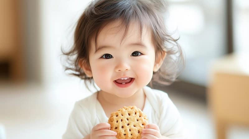 Baby rewarded with cookie for good behaviour