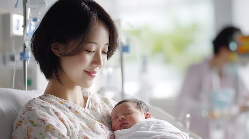 Mummy resting with baby on hospital bed