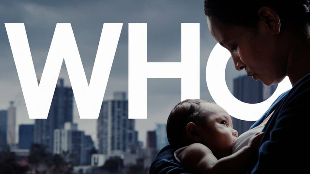 A person gently cradles a baby against the backdrop of a city skyline, the large white text "WHO" prominent in the background